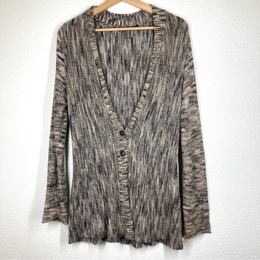 Nic+Zoe Long Cardigan Sweater Medium Cotton Rayon Button Up Black Brown V Neck
